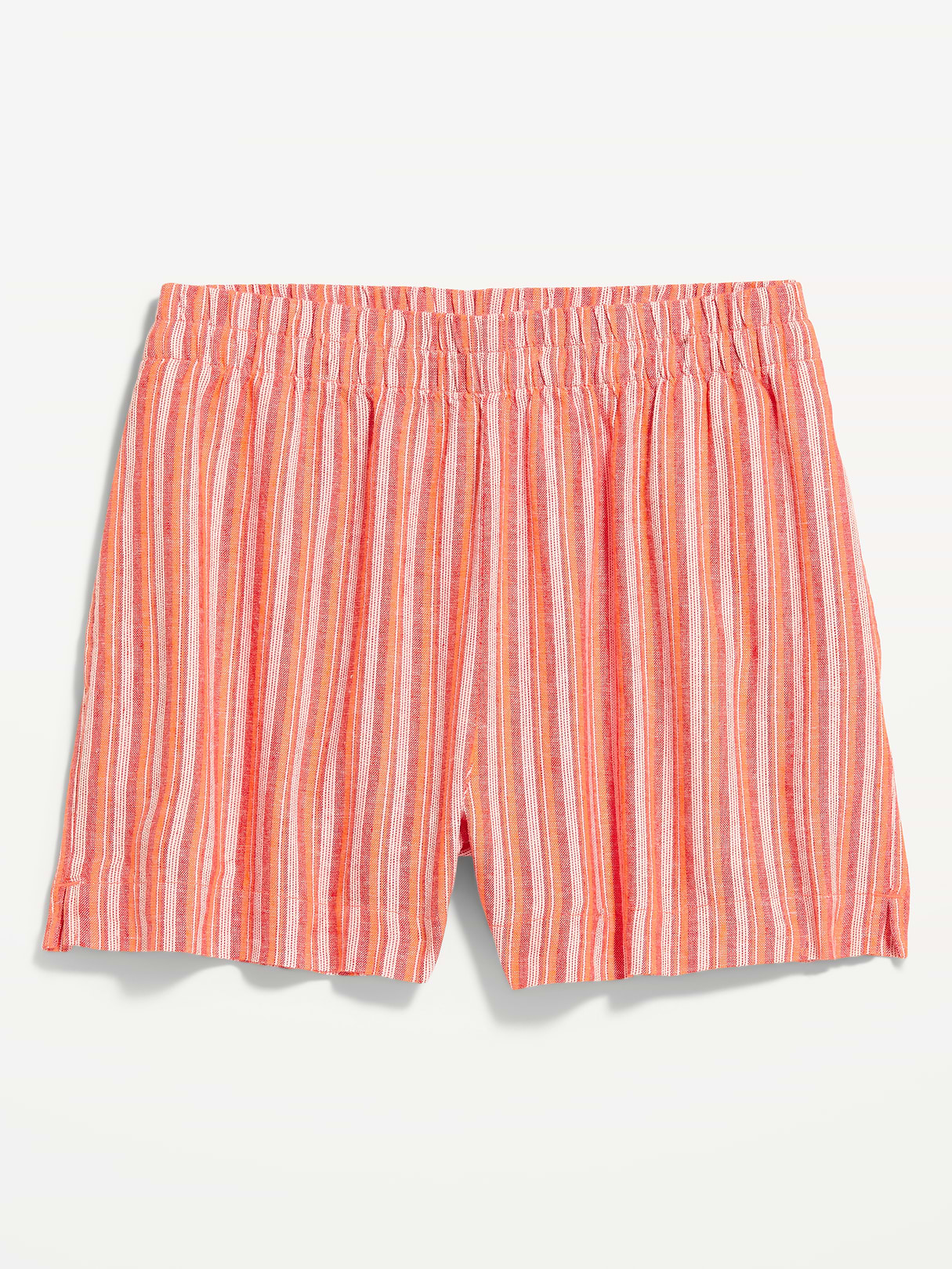 High-Waisted Beach Linen Pull-On Shorts - Orange Stripe