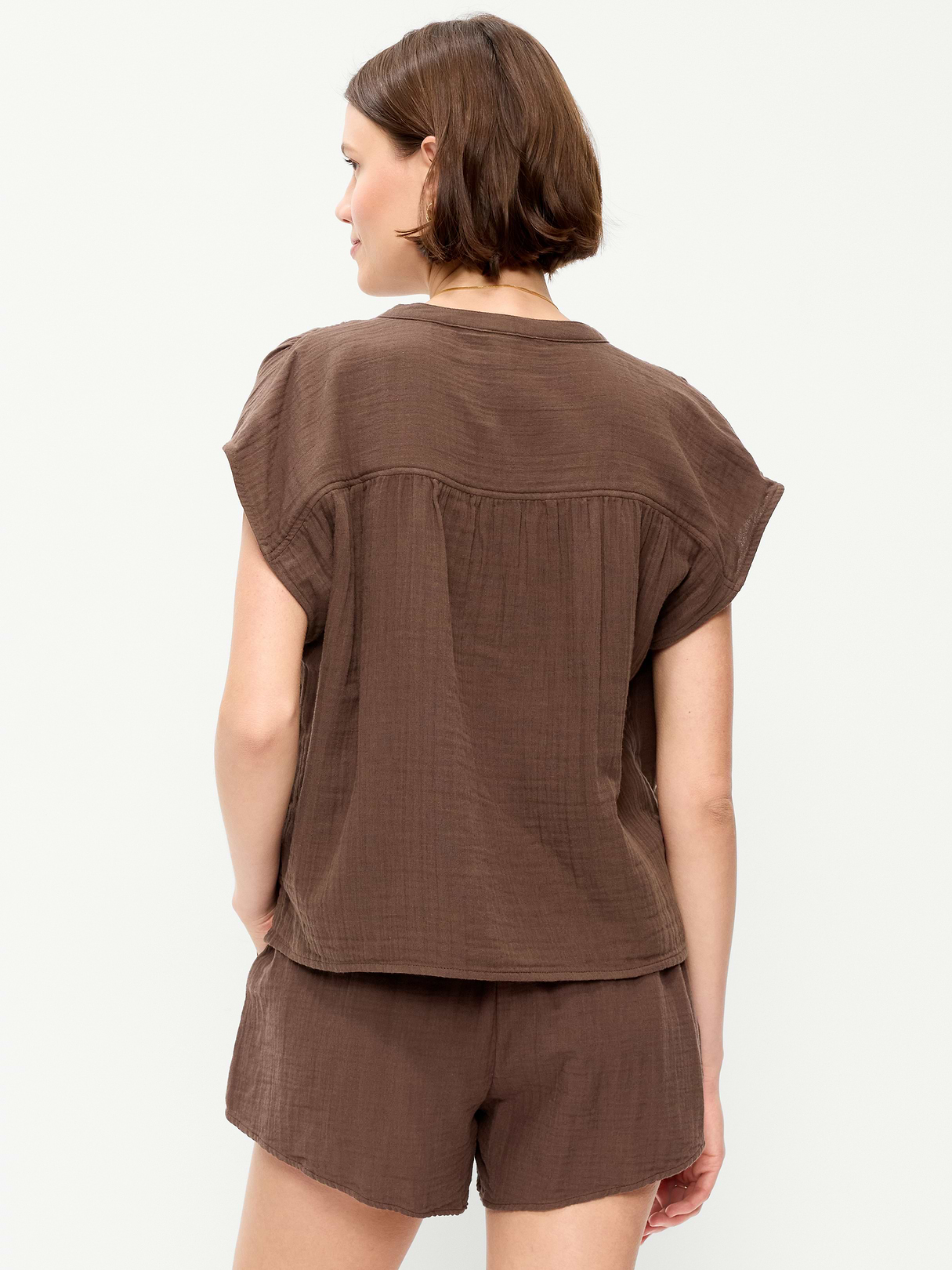 Short-Sleeve Crinkle Gauze Popover Top - Peppercorn