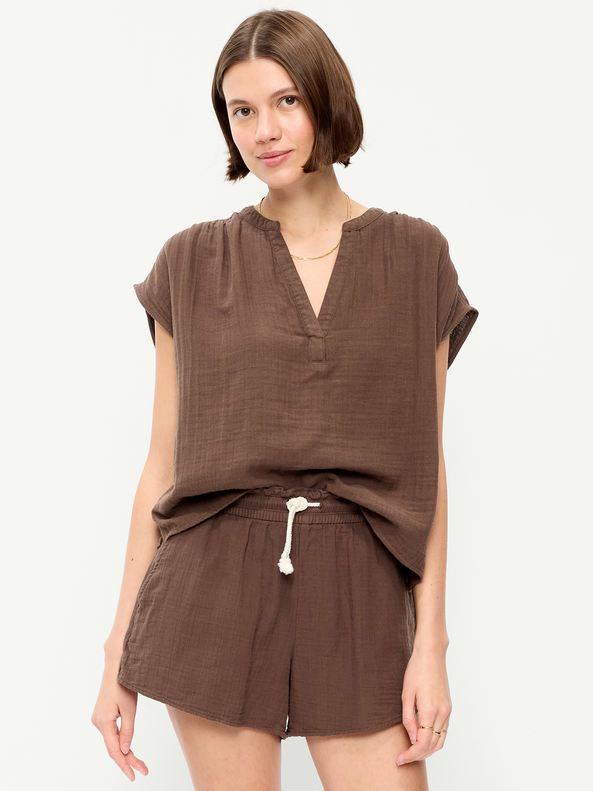 Short-Sleeve Crinkle Gauze Popover Top - Peppercorn