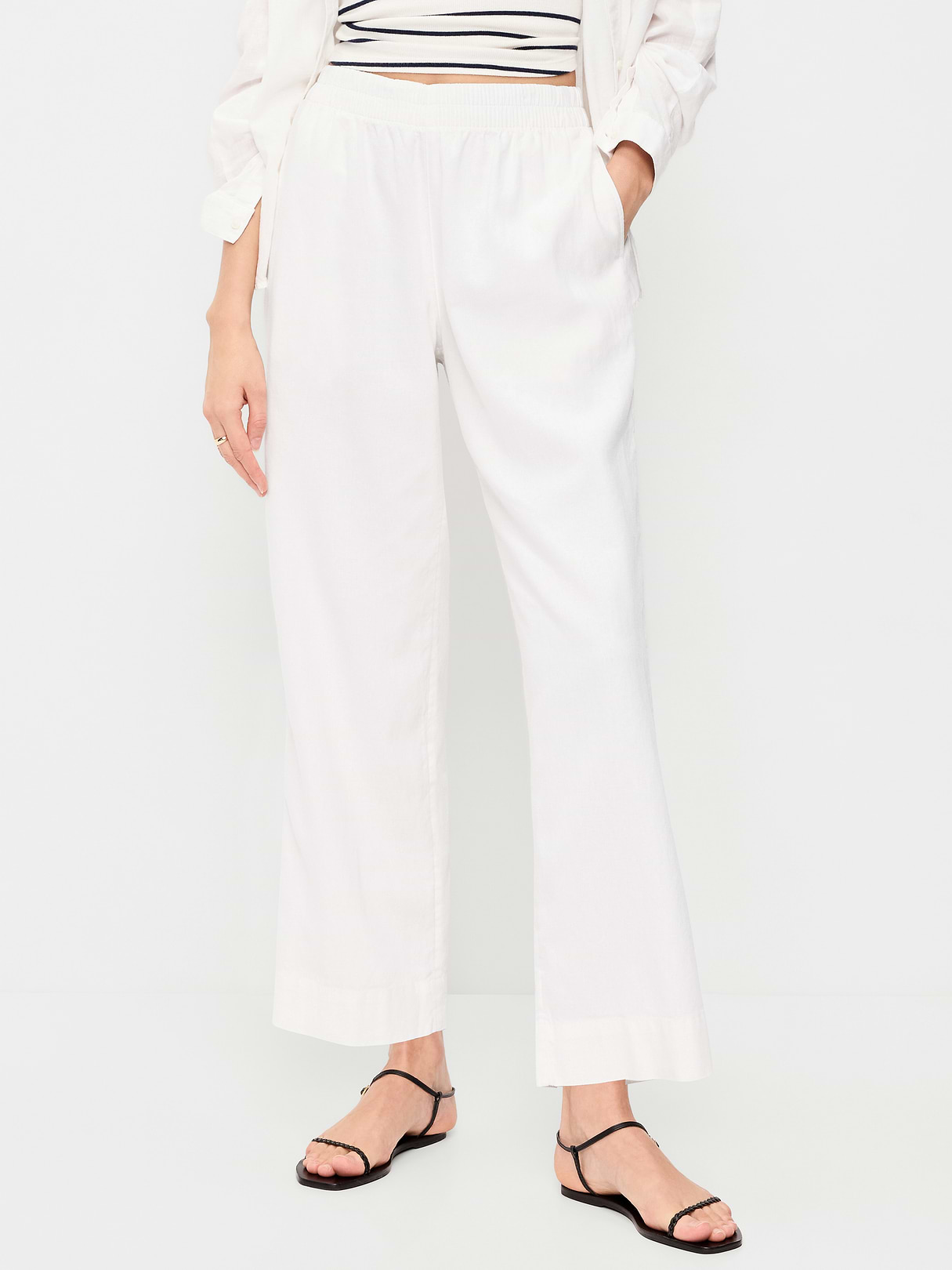 High-Waisted Linen-Blend Straight Ankle Pants - White Lilies