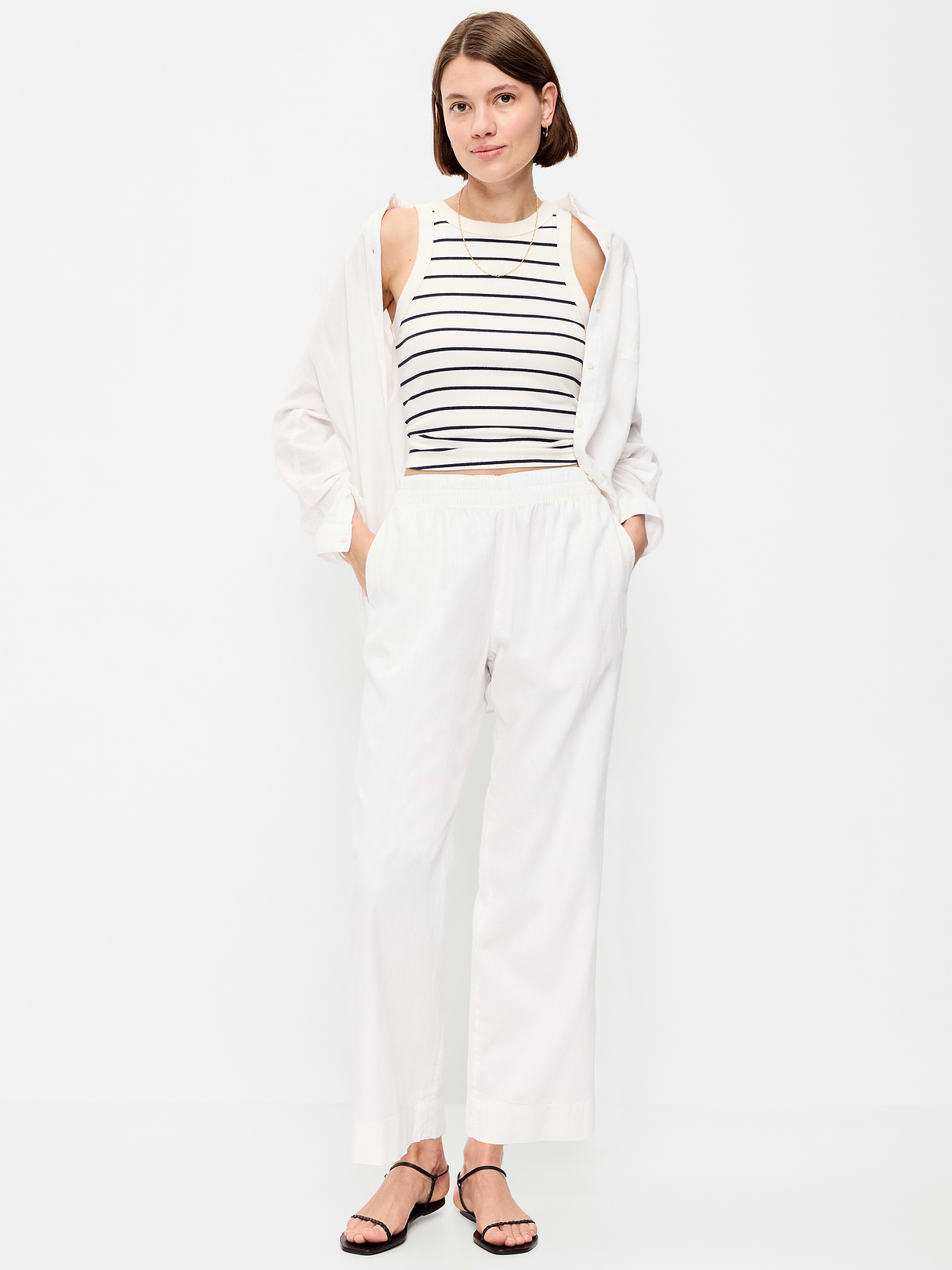 High-Waisted Linen-Blend Straight Ankle Pants - White Lilies