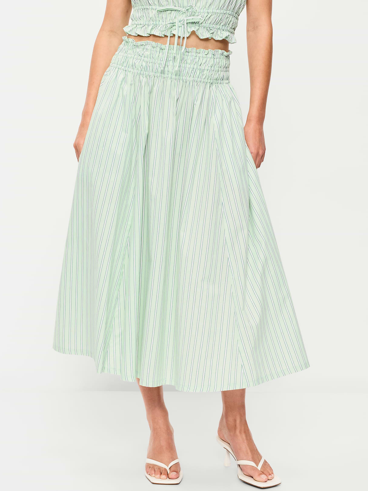 Smocked-Waist Midi Skirt - Green Stripe