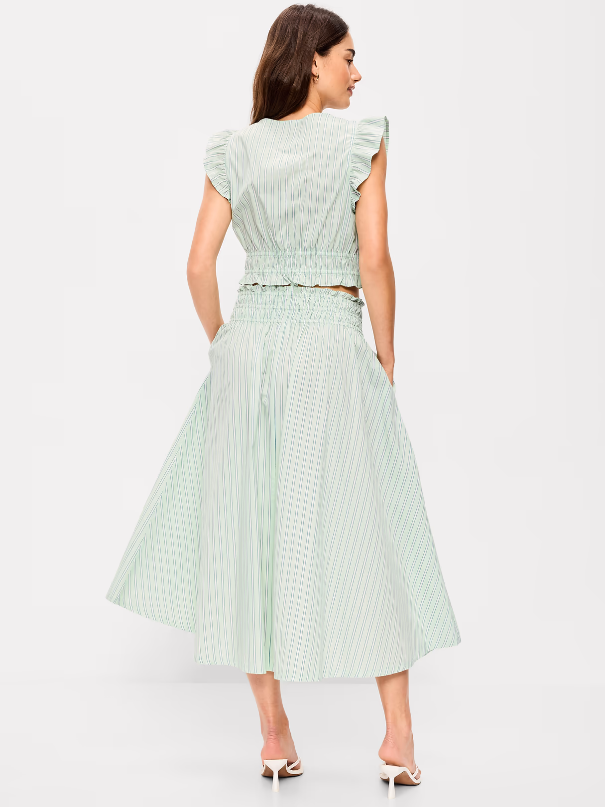 Smocked-Waist Midi Skirt - Green Stripe