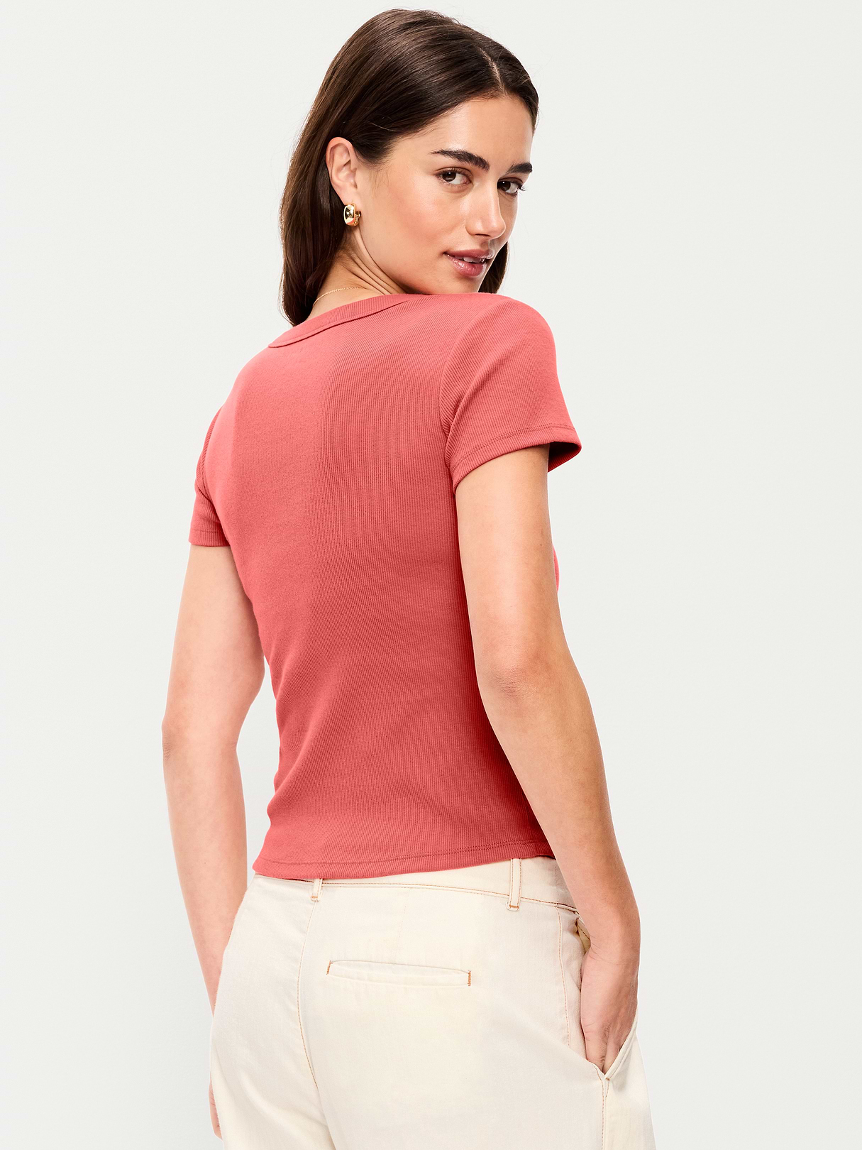 Snug Crop V-Neck Ribbed T-Shirt - Cactus Bloom
