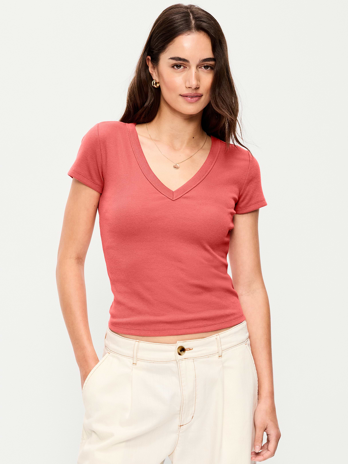 Snug Crop V-Neck Ribbed T-Shirt - Cactus Bloom