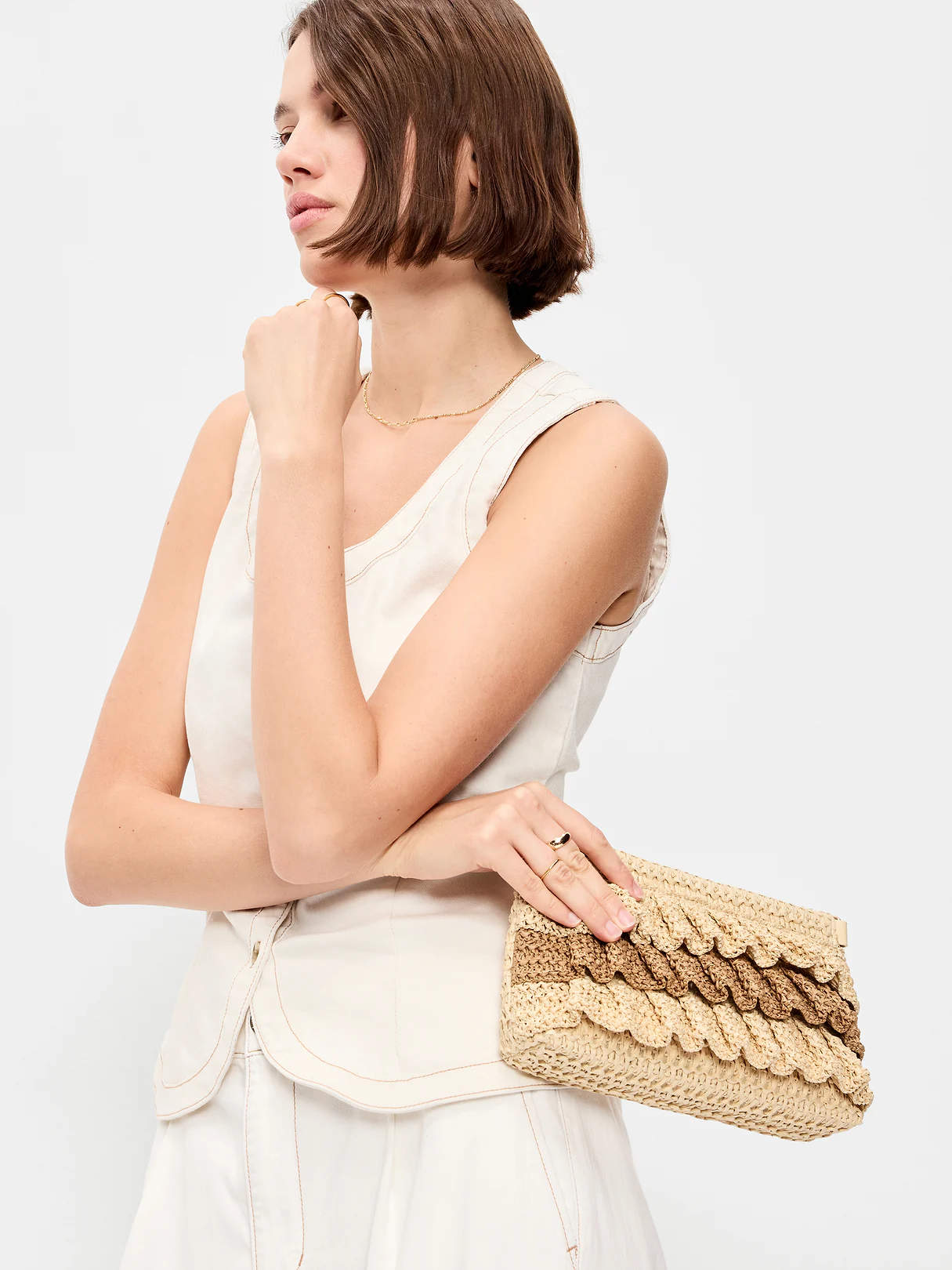 Ruffled Raffia Shoulder Bag - Natural White