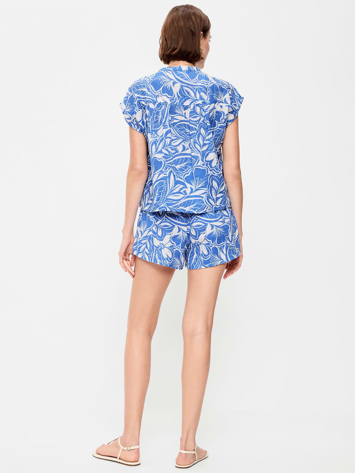 High-Waisted Crinkle Gauze Shorts - Blue Floral
