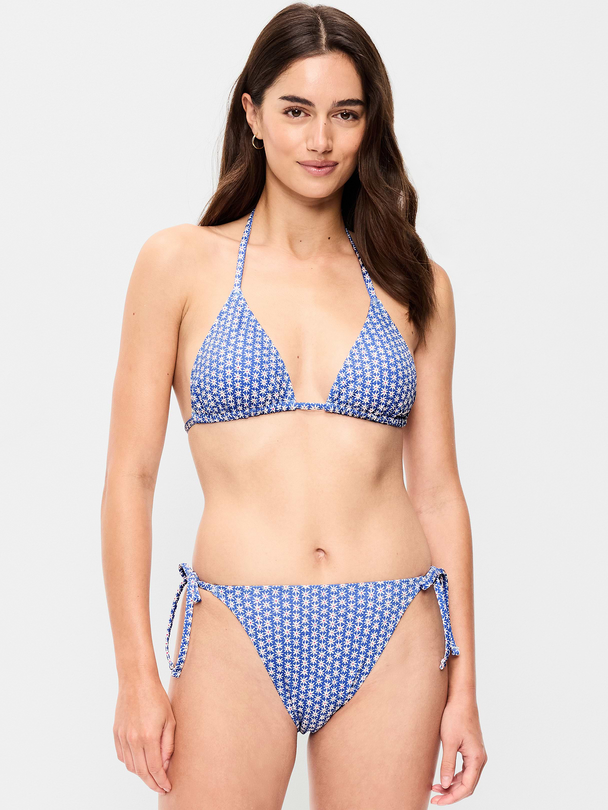 Pique Triangle String Bikini Swim Top - Blue Ditsy Floral