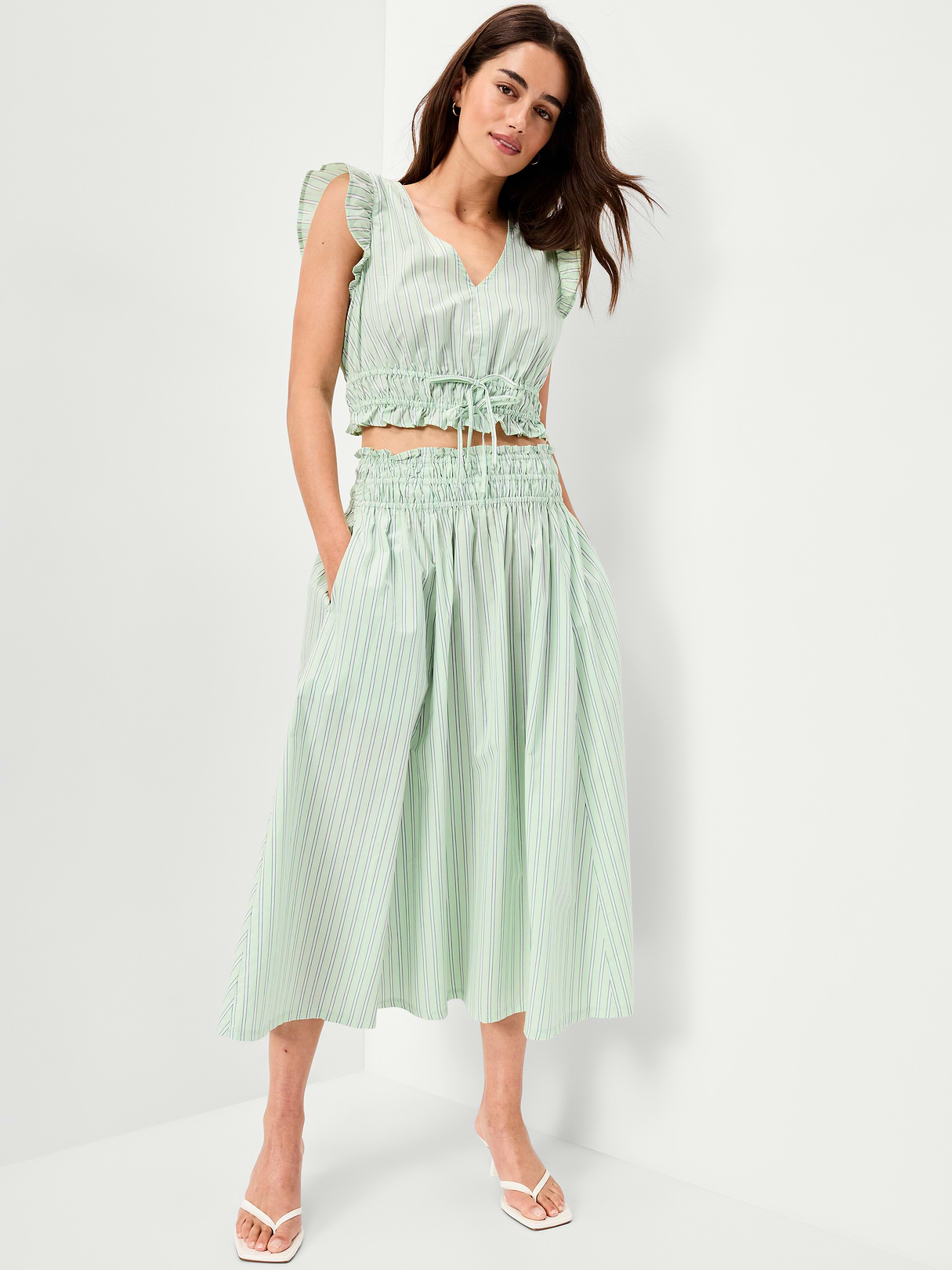 Flutter-Sleeve Poplin Top - White/Green Stripe