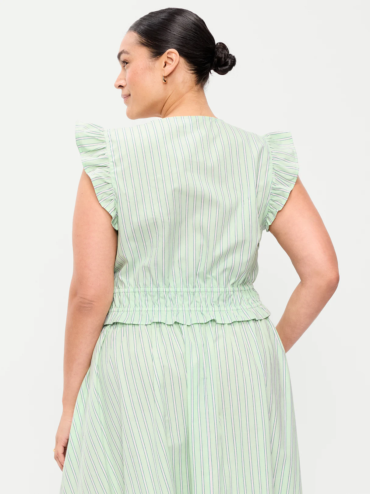 Flutter-Sleeve Poplin Top - White/Green Stripe