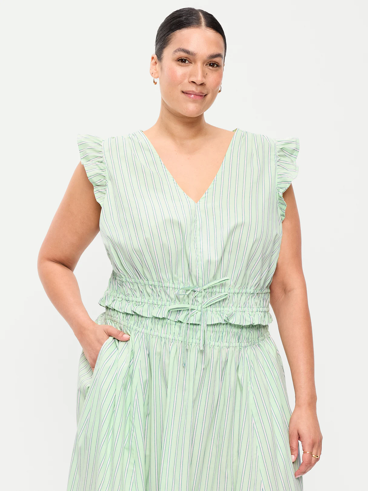 Flutter-Sleeve Poplin Top - White/Green Stripe