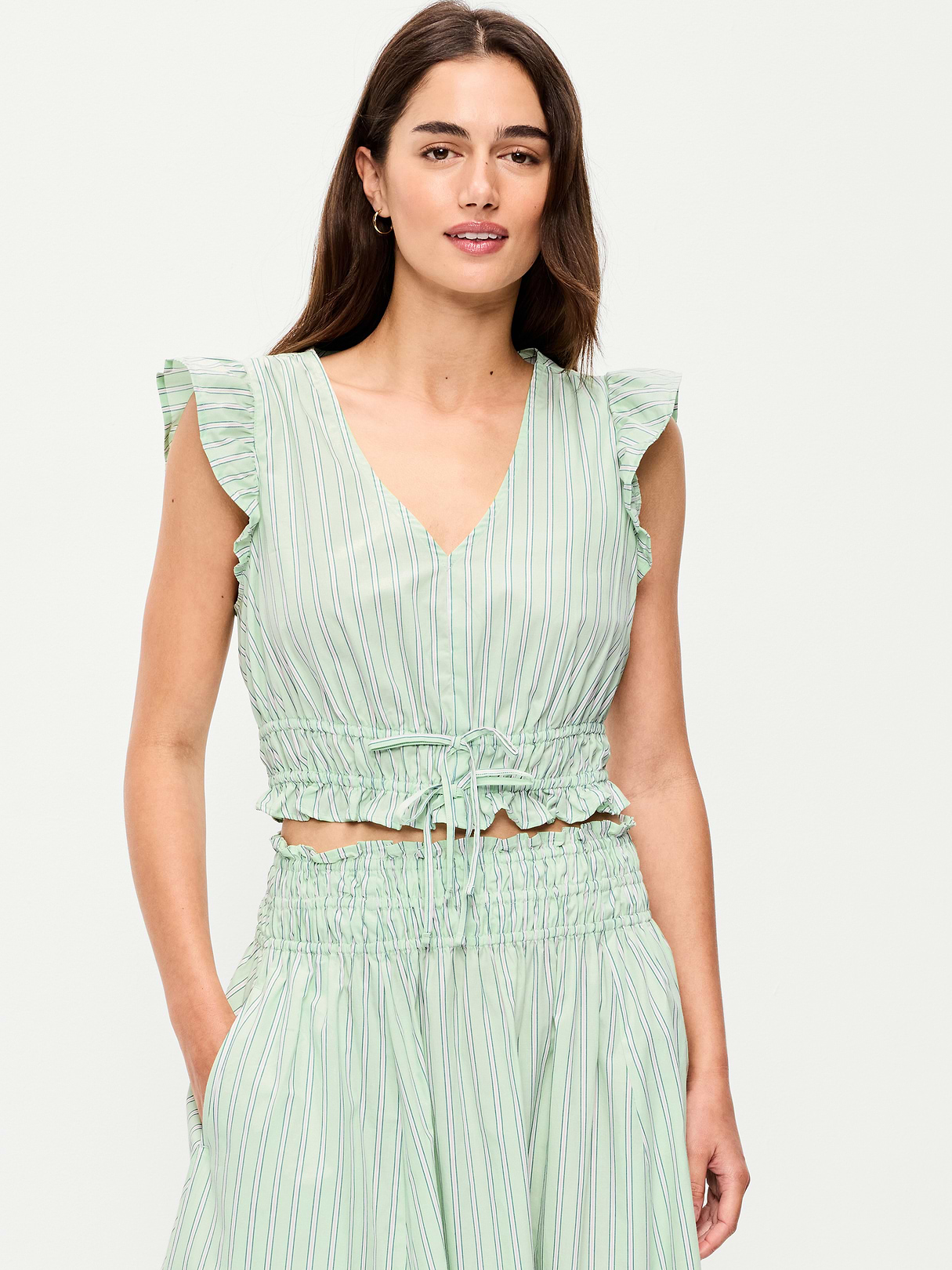 Flutter-Sleeve Poplin Top - White/Green Stripe