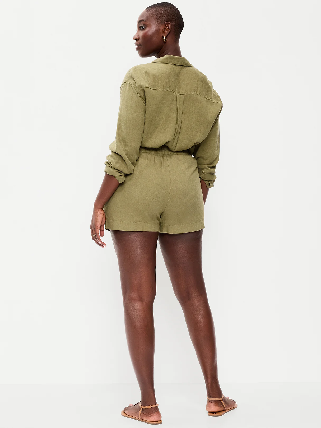 High-Waisted Beach Linen Pull-On Shorts - Kombu