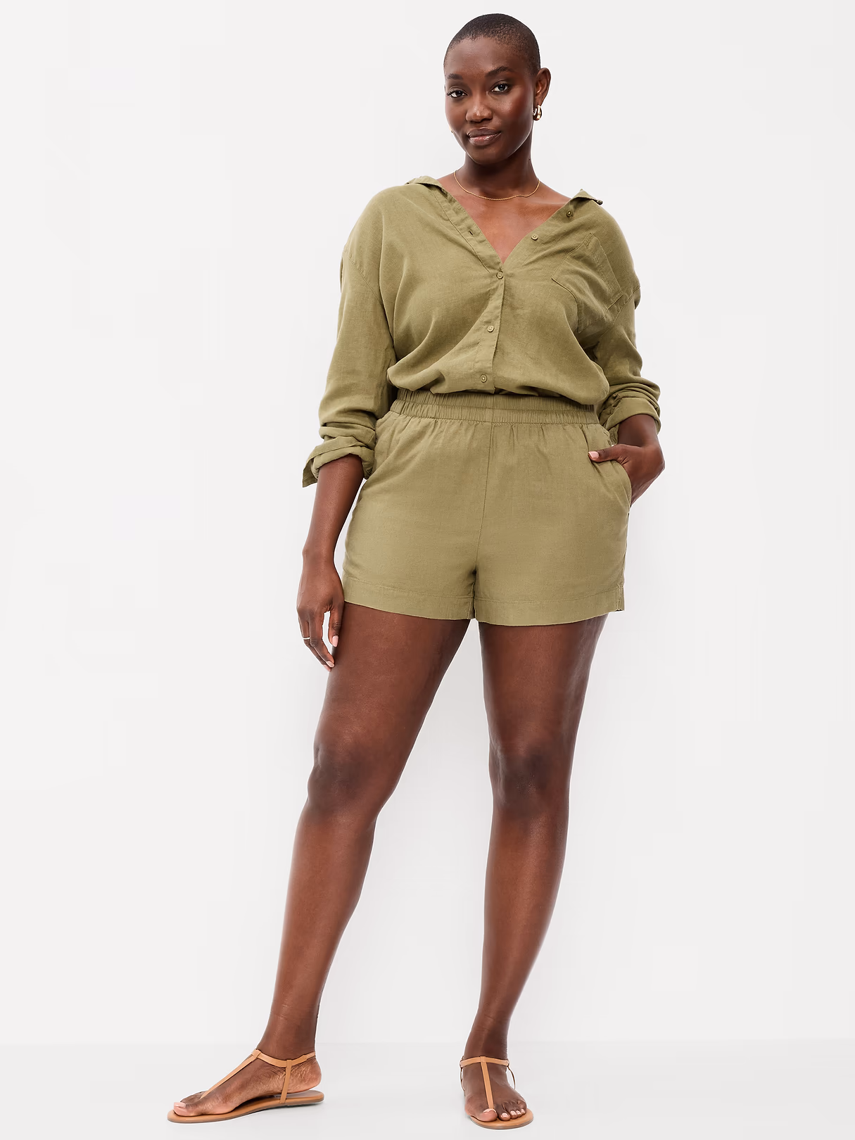 High-Waisted Beach Linen Pull-On Shorts - Kombu