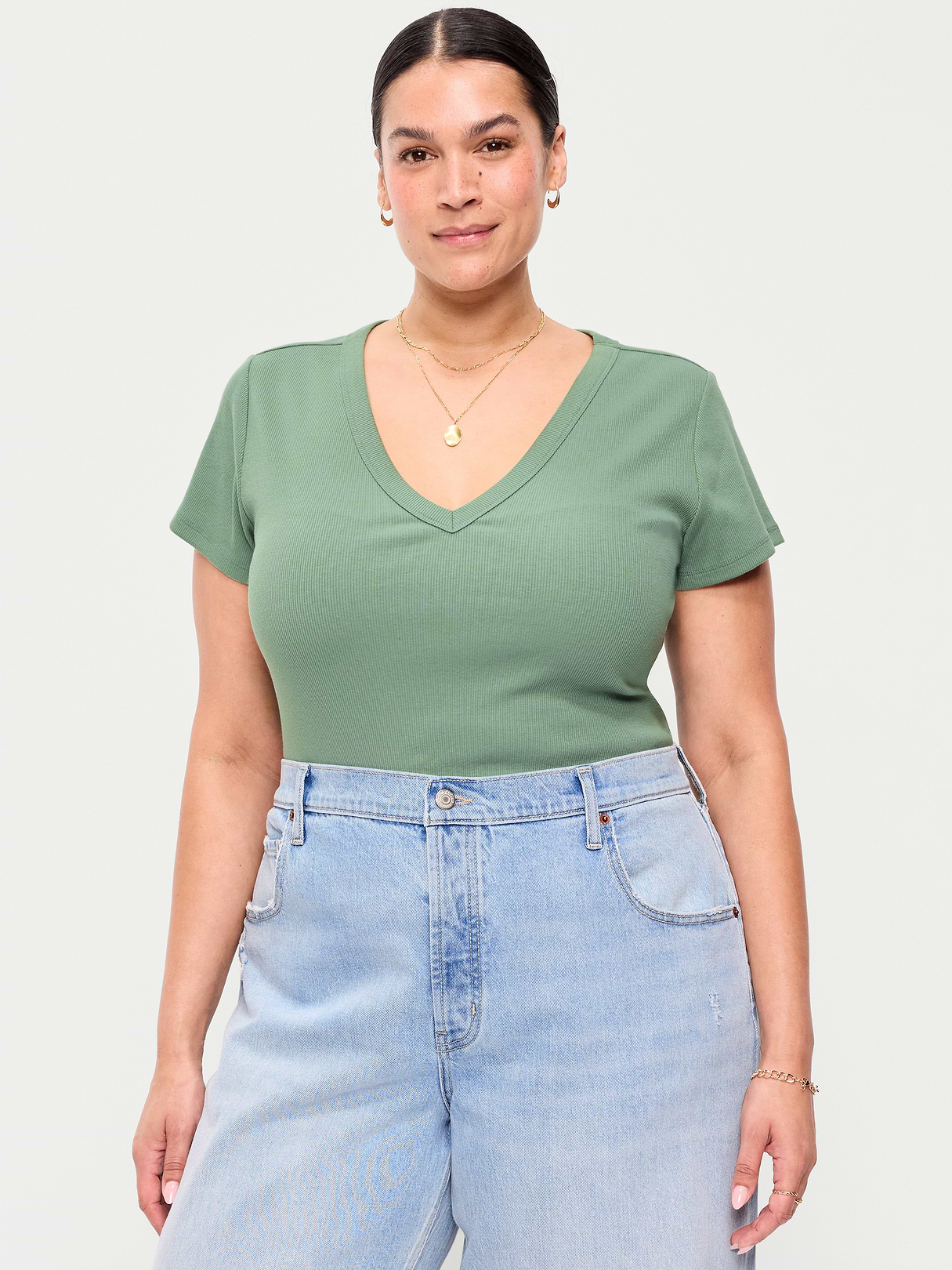 Snug Crop V-Neck Ribbed T-Shirt - Dried Herb