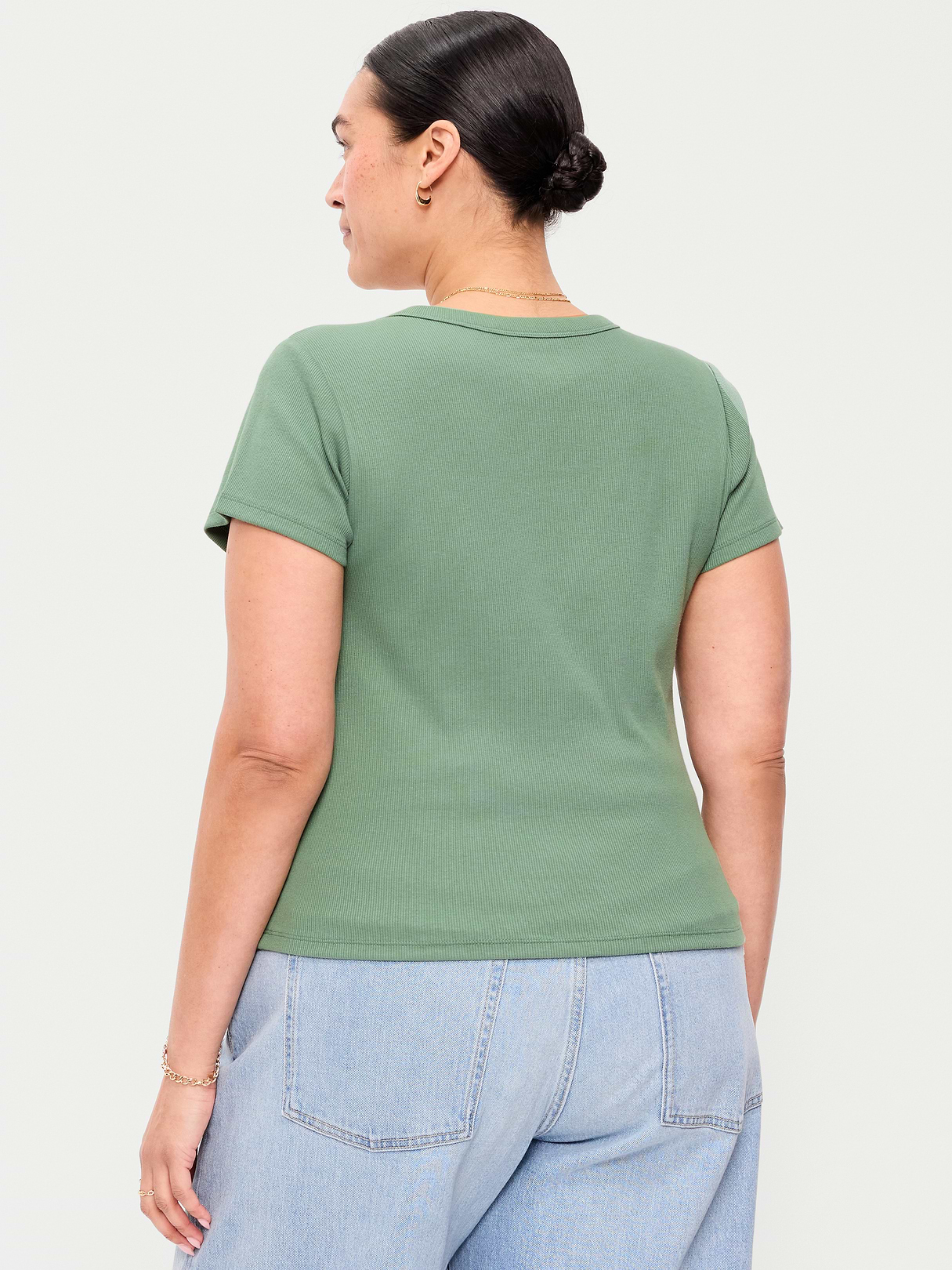 Snug Crop V-Neck Ribbed T-Shirt - Dried Herb
