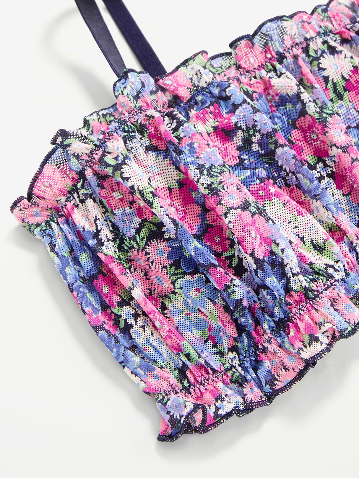 Ruffle-Edge Mesh Bralette - Purple Floral