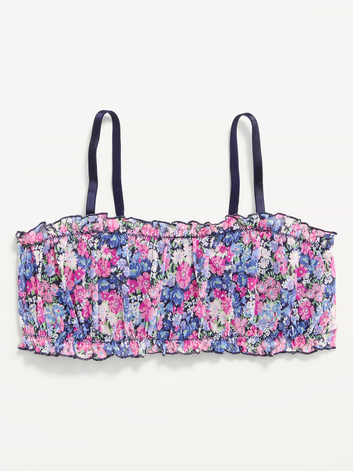 Ruffle-Edge Mesh Bralette - Purple Floral