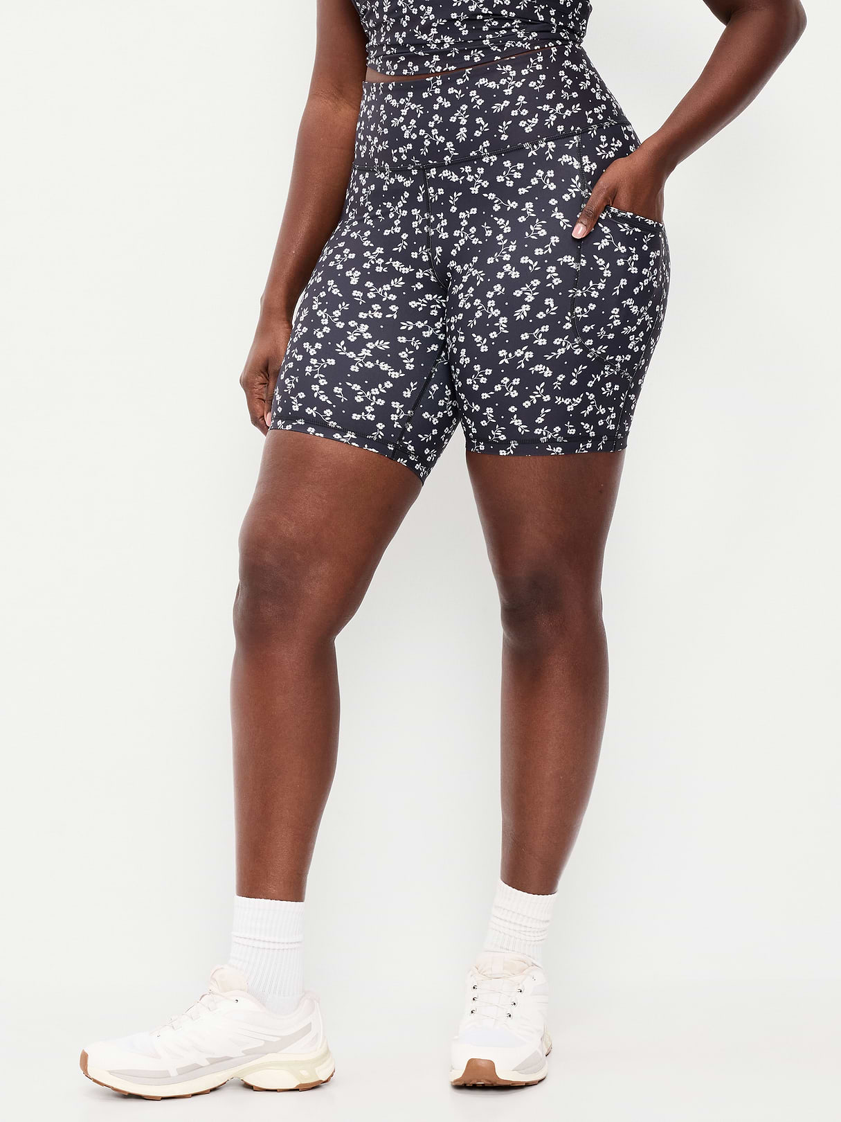High-Waisted PowerSoft Biker Shorts -- 8-inch inseam - Black Floral