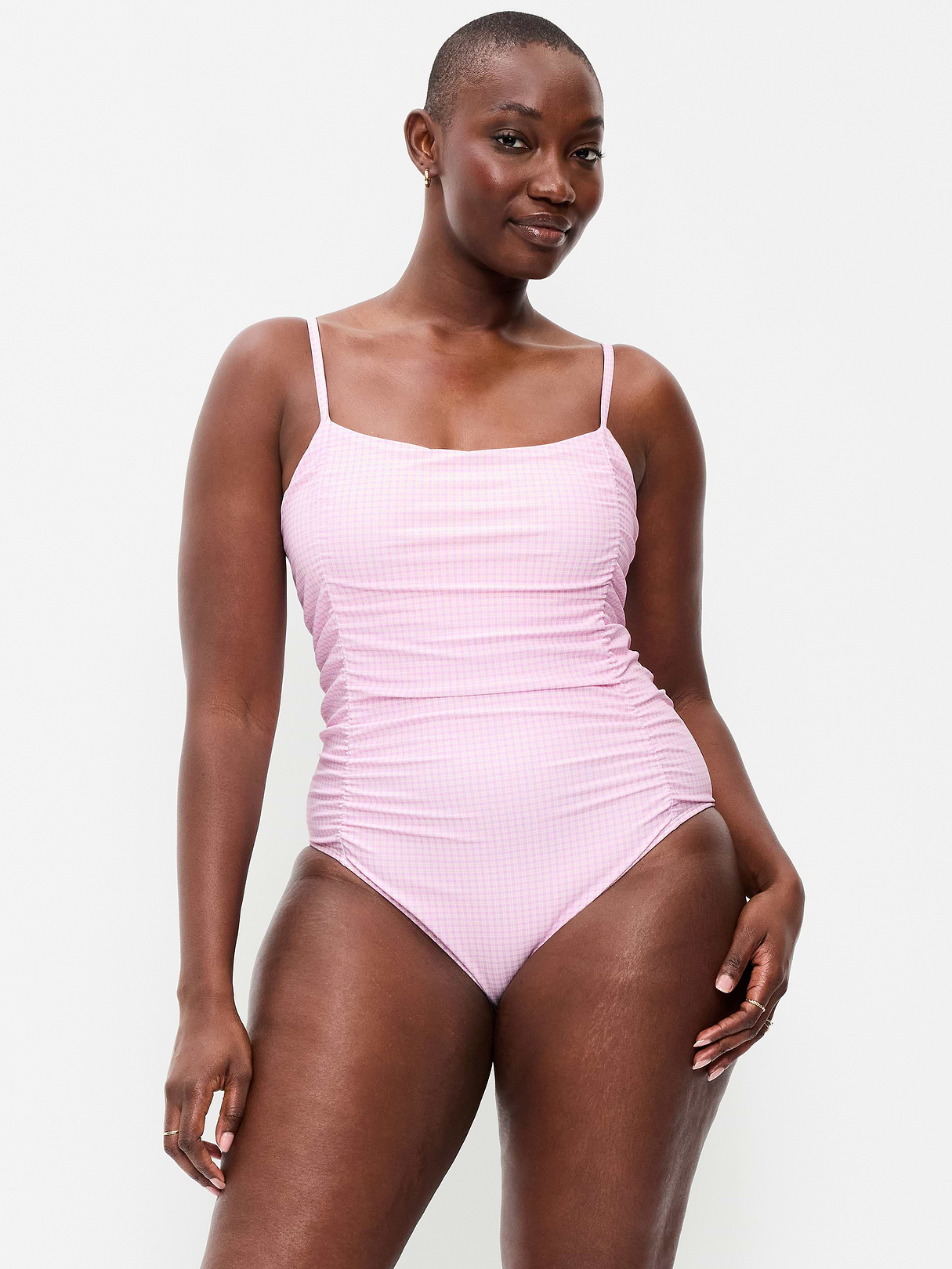 Ruched One-Piece Swimsuit - Purple Gingham
