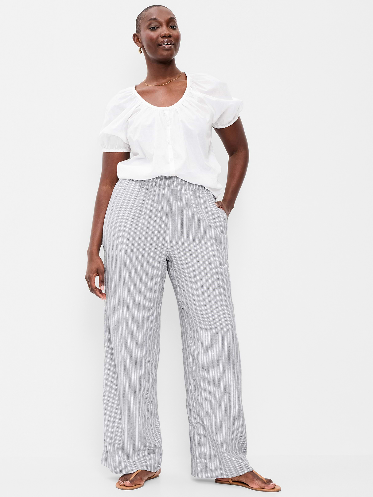 High-Waisted Linen-Blend Super Wide-Leg Pants - Blue Stripe