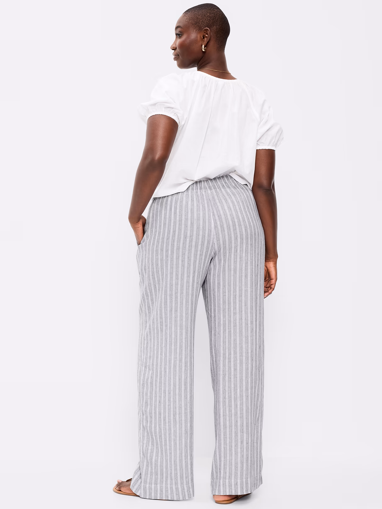 High-Waisted Linen-Blend Super Wide-Leg Pants - Blue Stripe