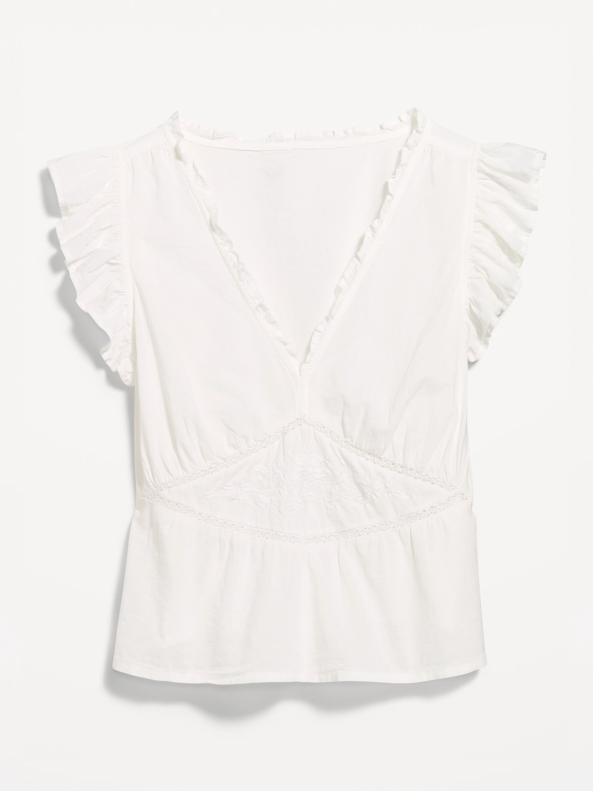 Flutter-Sleeve Embroidered Top - White Lilies