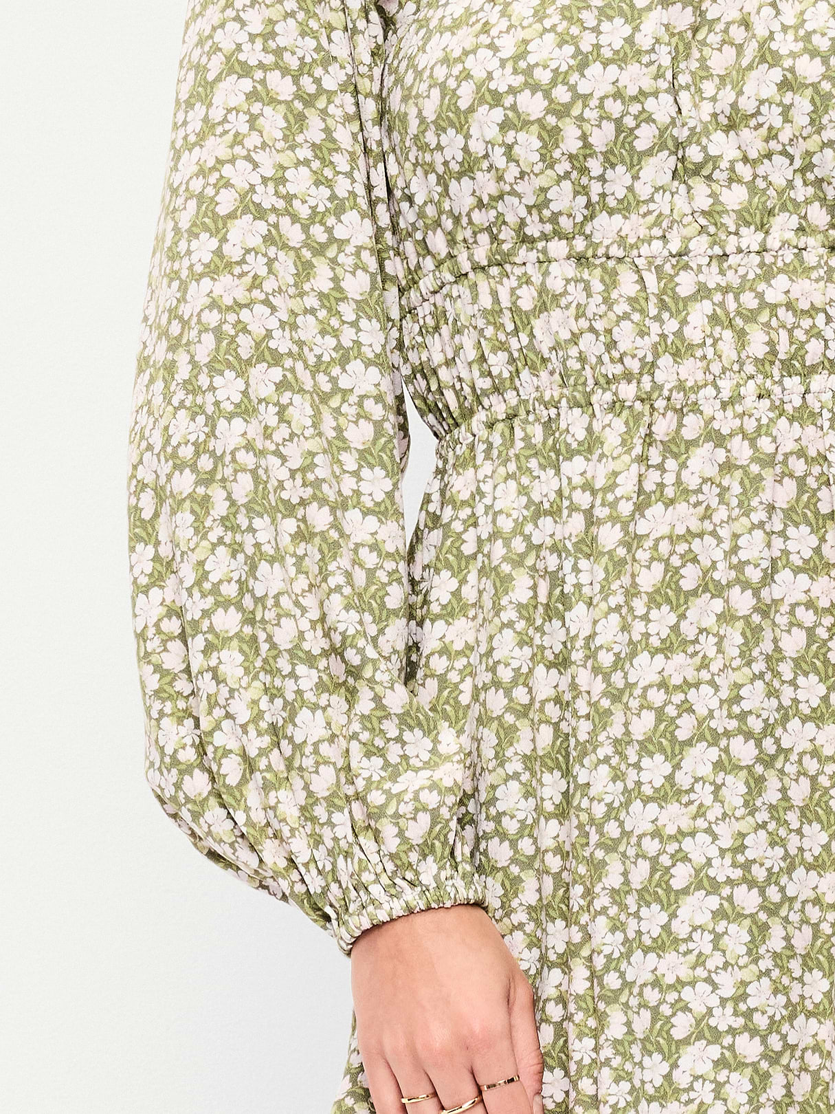 Long-Sleeve Square-Neck Mini Dress - Green Floral