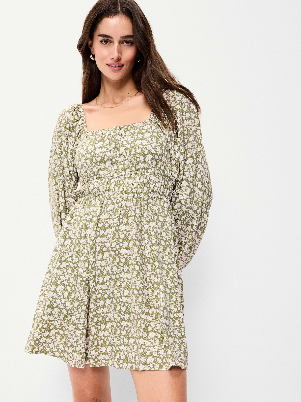 Long-Sleeve Square-Neck Mini Dress - Green Floral