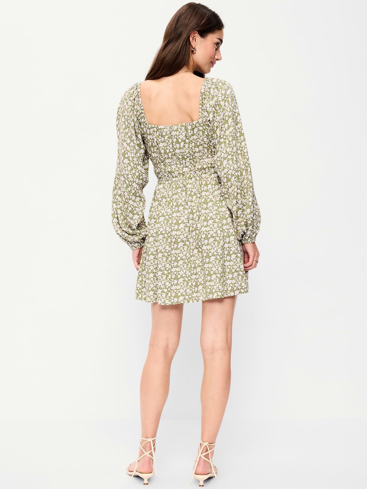 Long-Sleeve Square-Neck Mini Dress - Green Floral