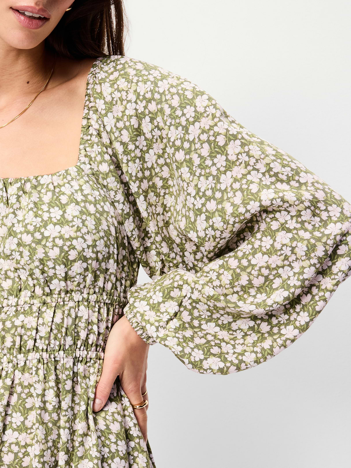 Long-Sleeve Square-Neck Mini Dress - Green Floral