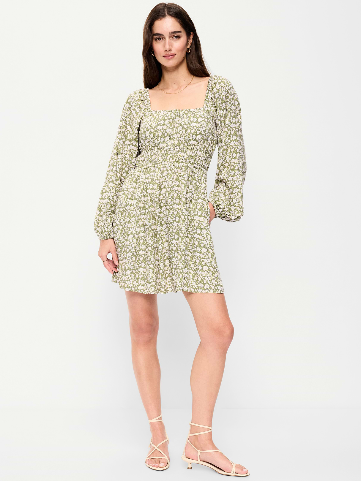 Long-Sleeve Square-Neck Mini Dress - Green Floral