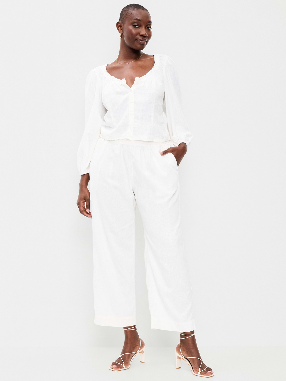 High-Waisted Linen-Blend Straight Ankle Pants - White Lilies