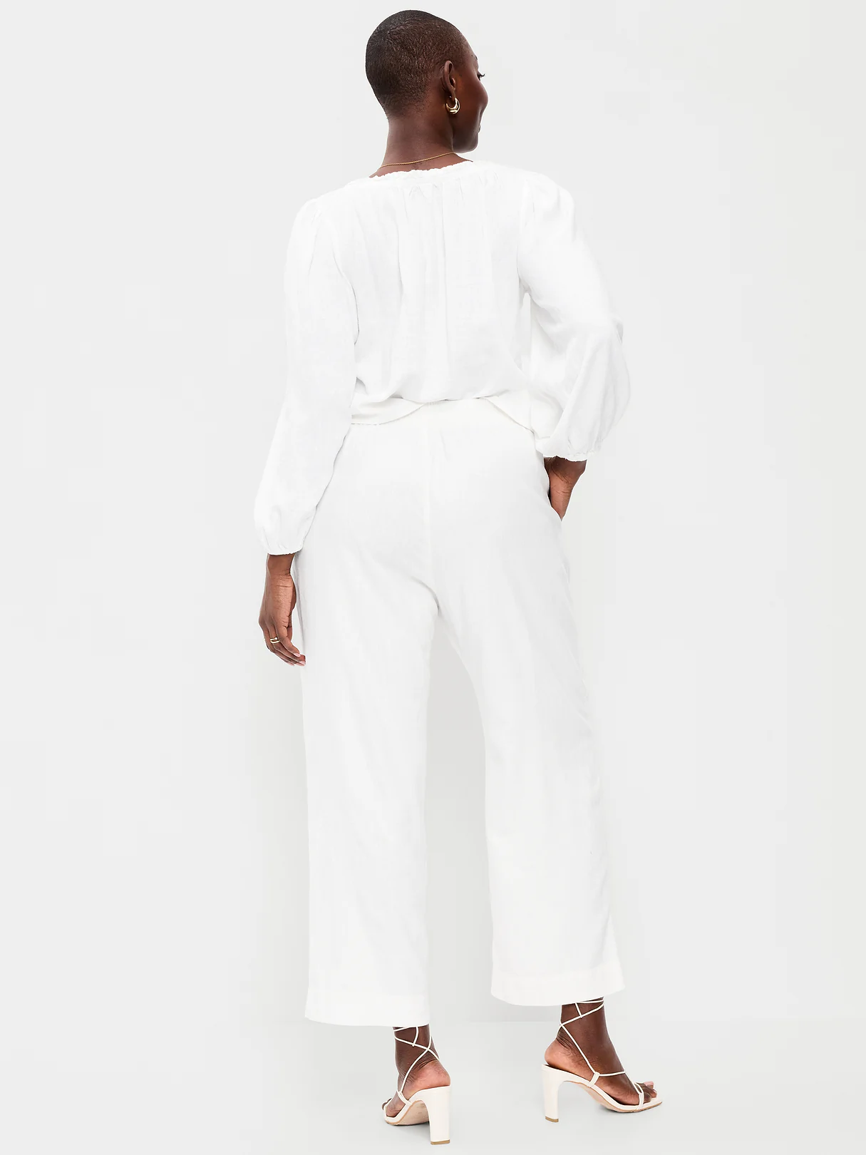 High-Waisted Linen-Blend Straight Ankle Pants - White Lilies
