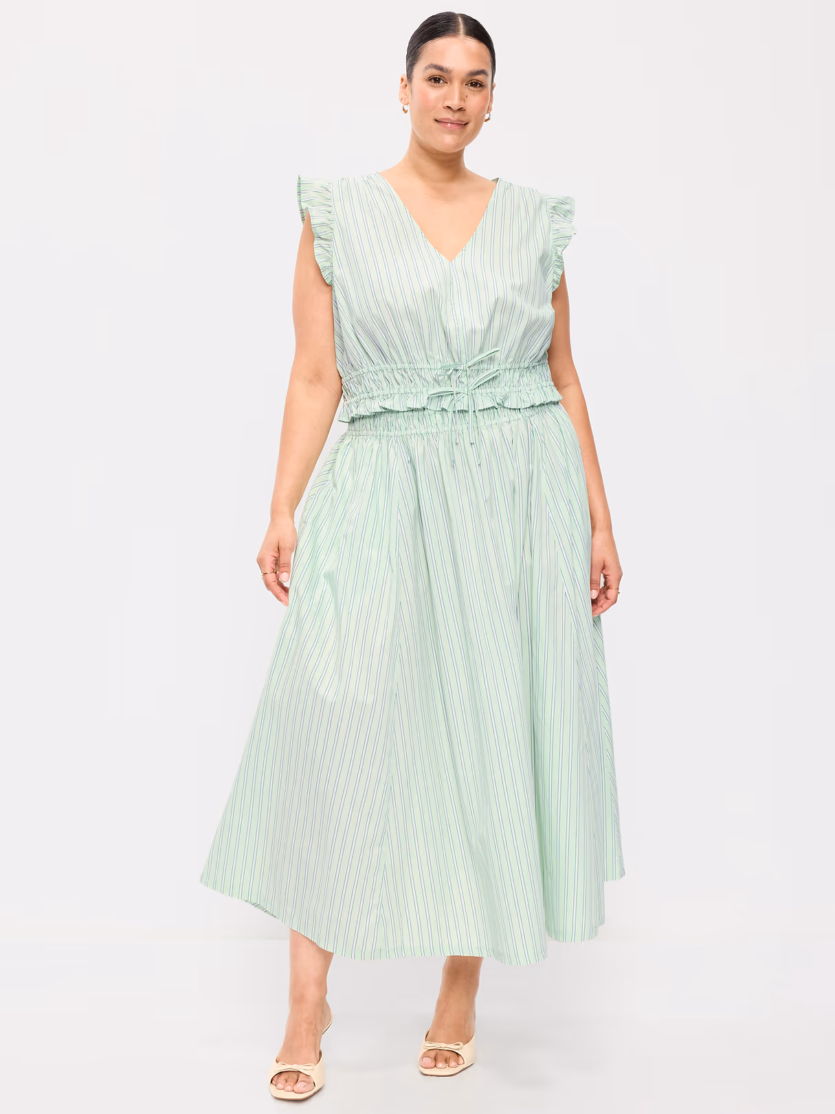 Smocked-Waist Midi Skirt - Green Stripe