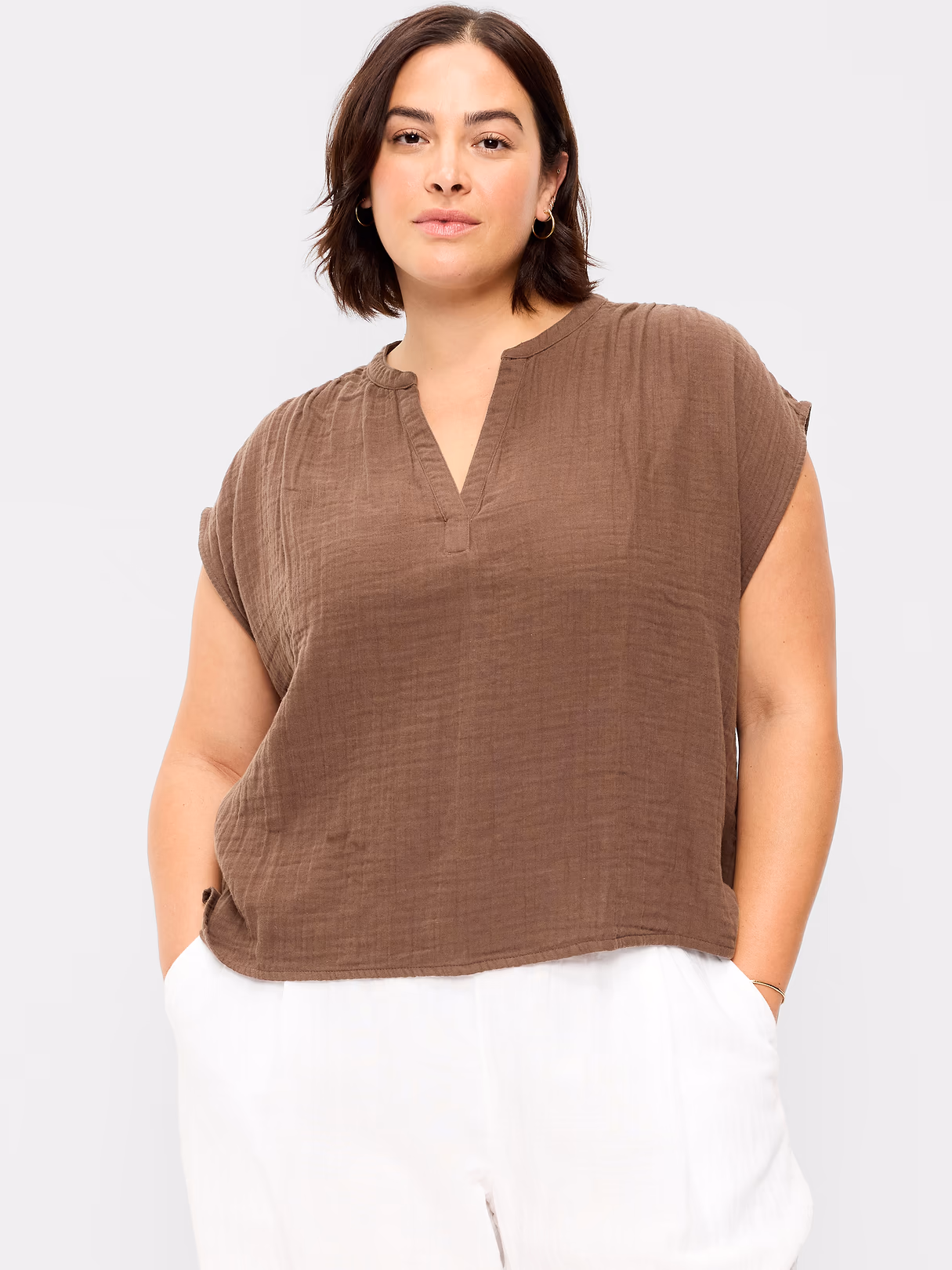 Short-Sleeve Crinkle Gauze Popover Top - Peppercorn