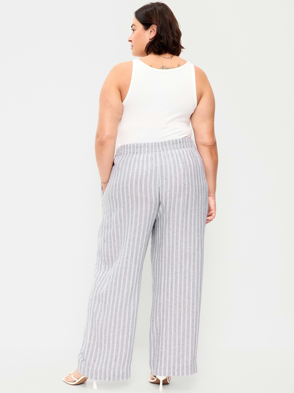 High-Waisted Linen-Blend Super Wide-Leg Pants - Blue Stripe