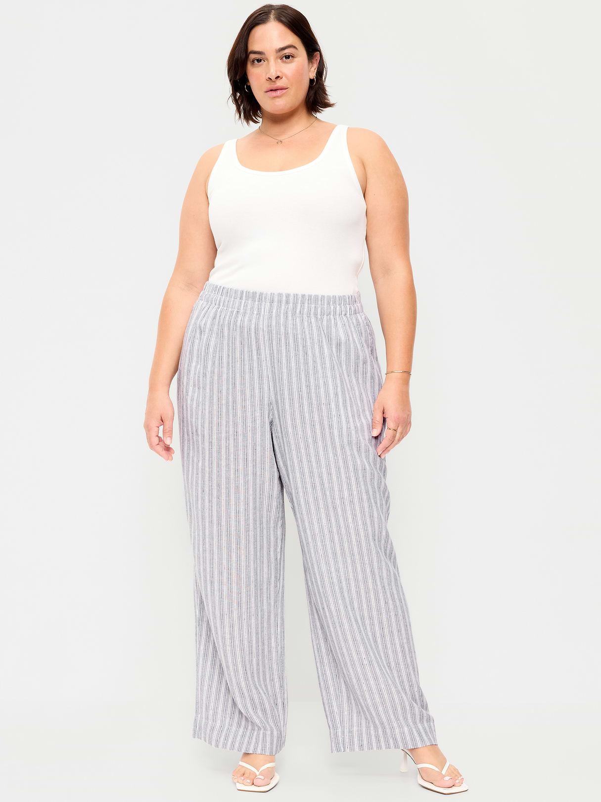 High-Waisted Linen-Blend Super Wide-Leg Pants - Blue Stripe