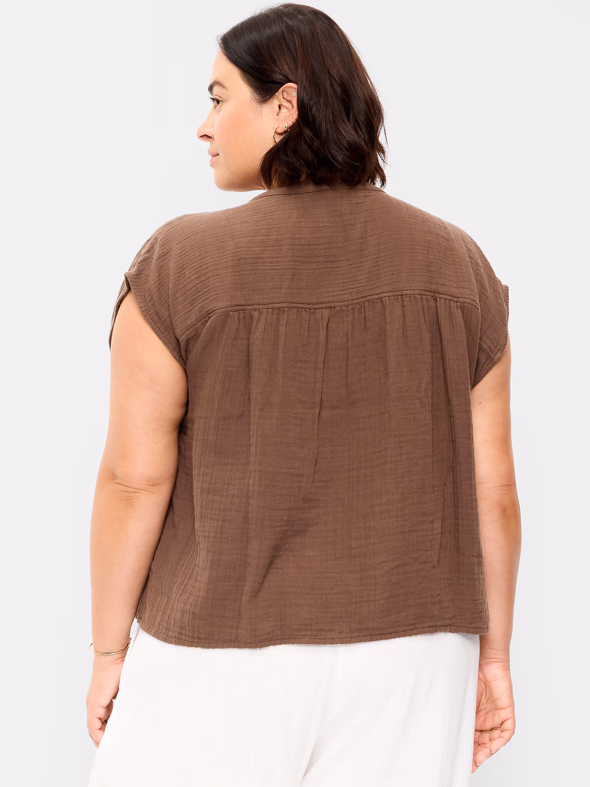 Short-Sleeve Crinkle Gauze Popover Top - Peppercorn