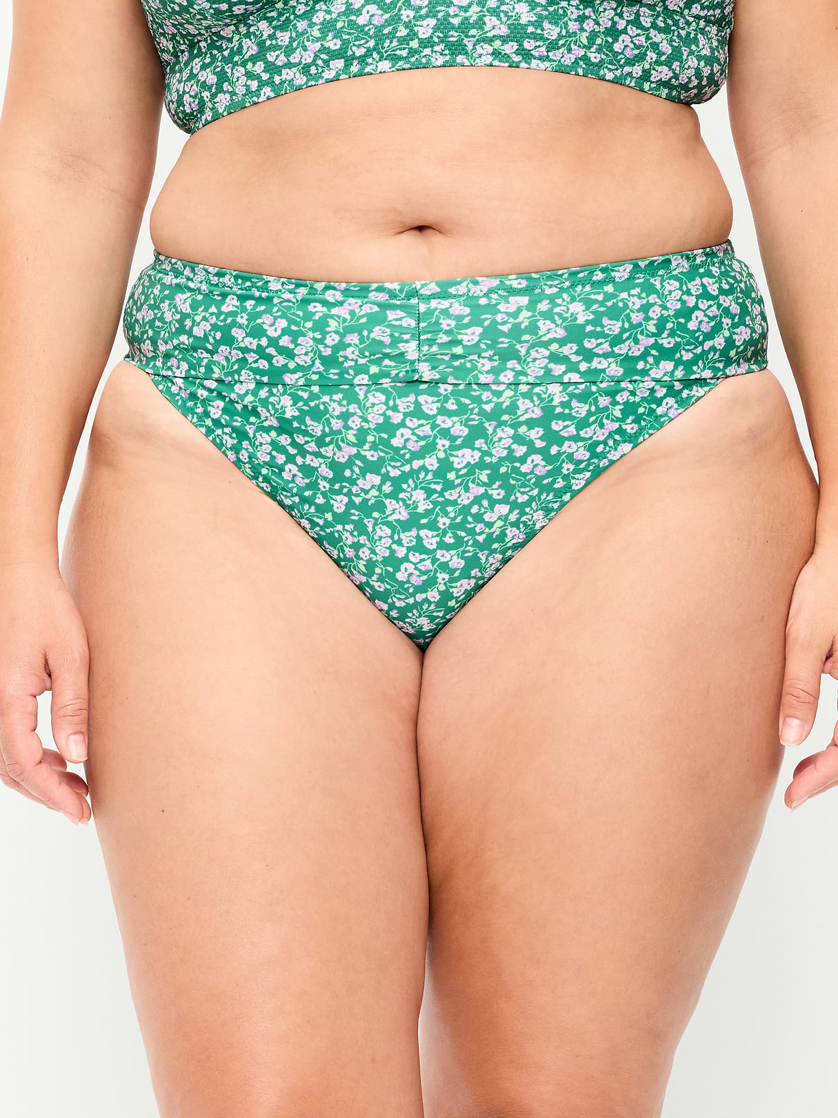 High-Waisted Cinched Bikini Swim Bottoms - Green Floral