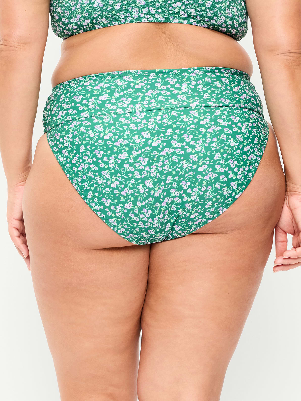 High-Waisted Cinched Bikini Swim Bottoms - Green Floral