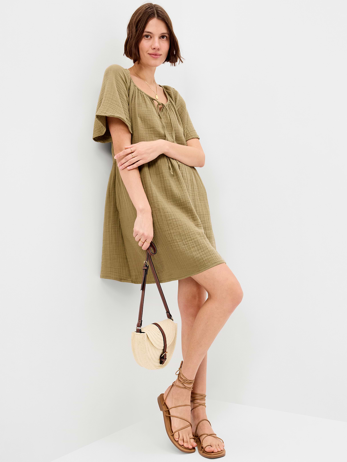 Crinkle Gauze Flutter-Sleeve Mini Swing Dress - Kombu