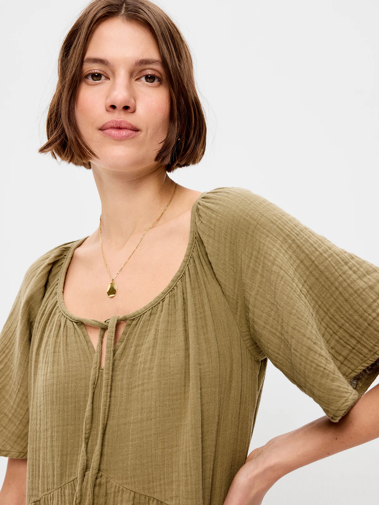 Crinkle Gauze Flutter-Sleeve Mini Swing Dress - Kombu