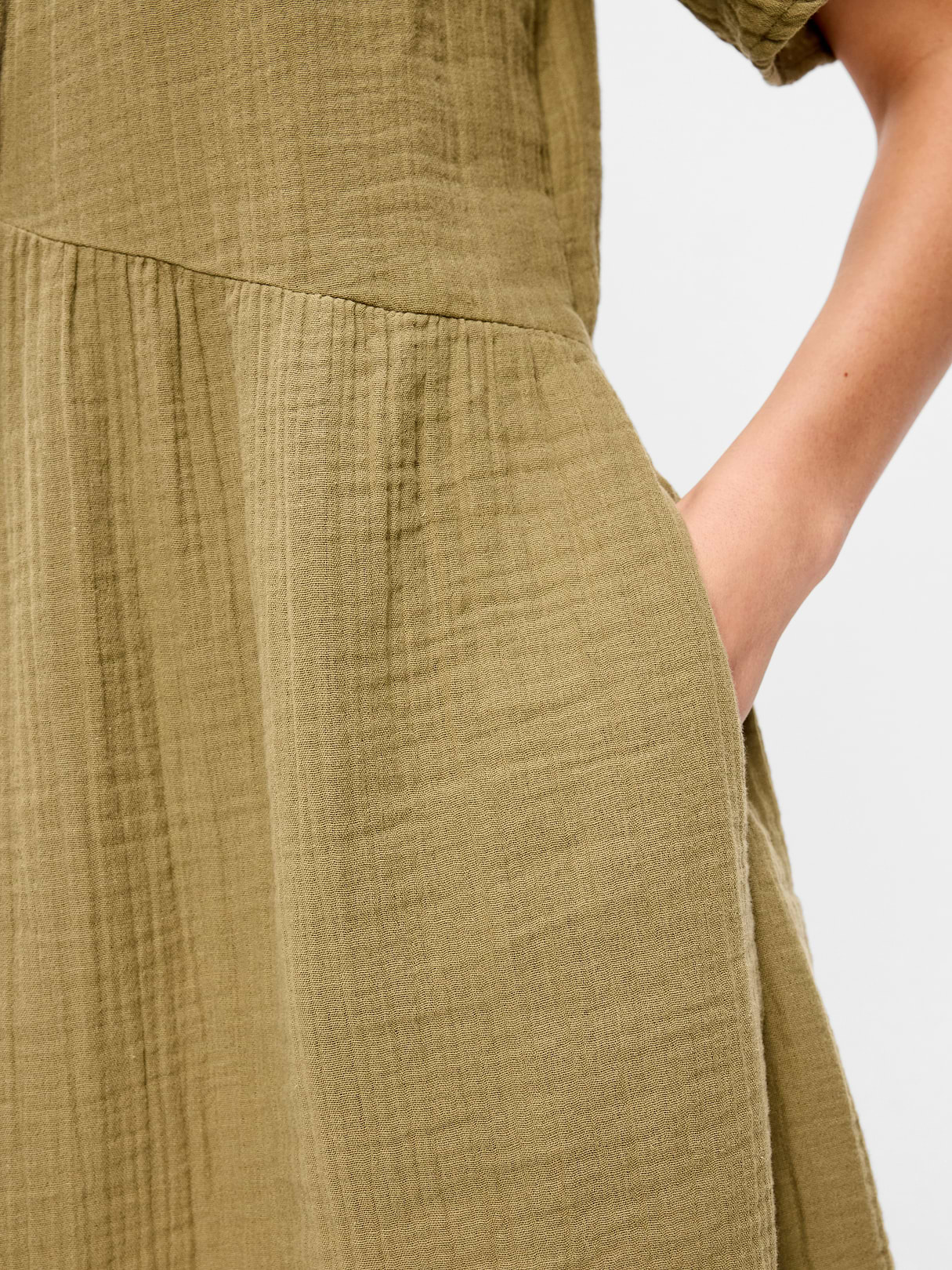 Crinkle Gauze Flutter-Sleeve Mini Swing Dress - Kombu