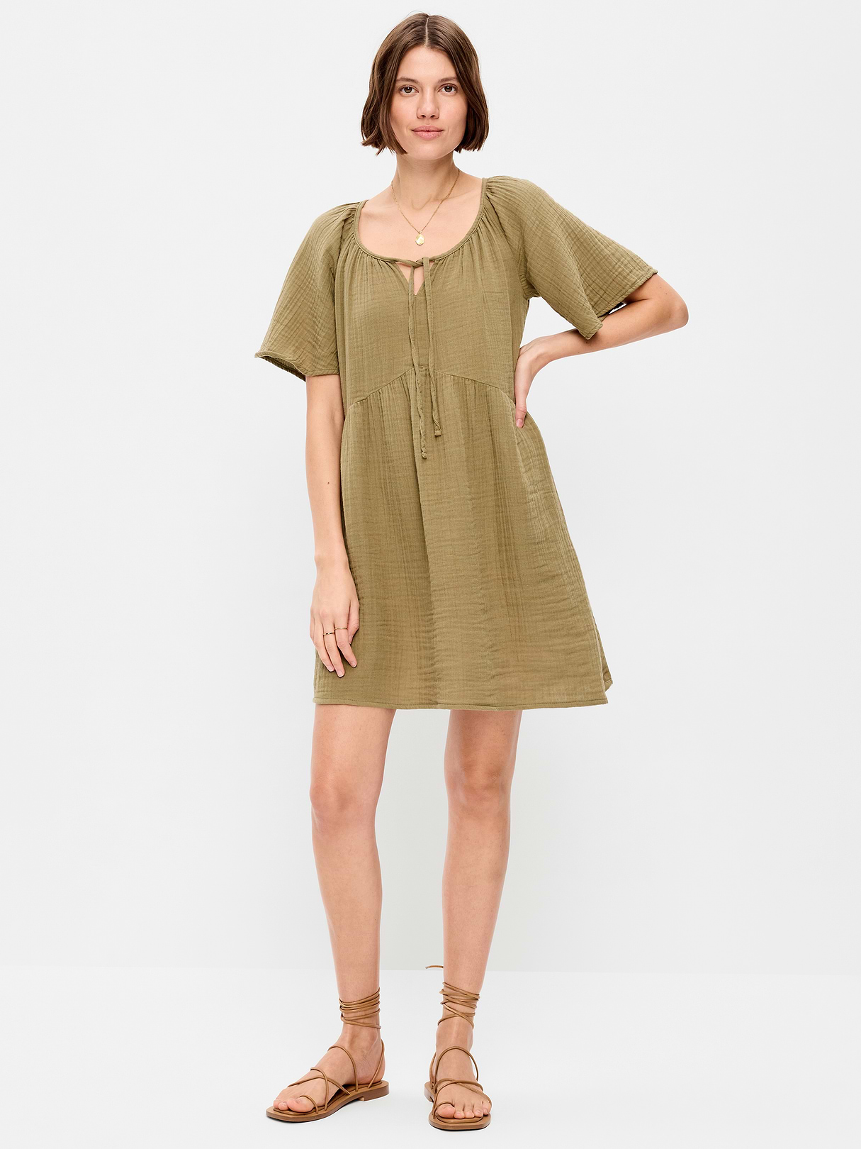 Crinkle Gauze Flutter-Sleeve Mini Swing Dress - Kombu