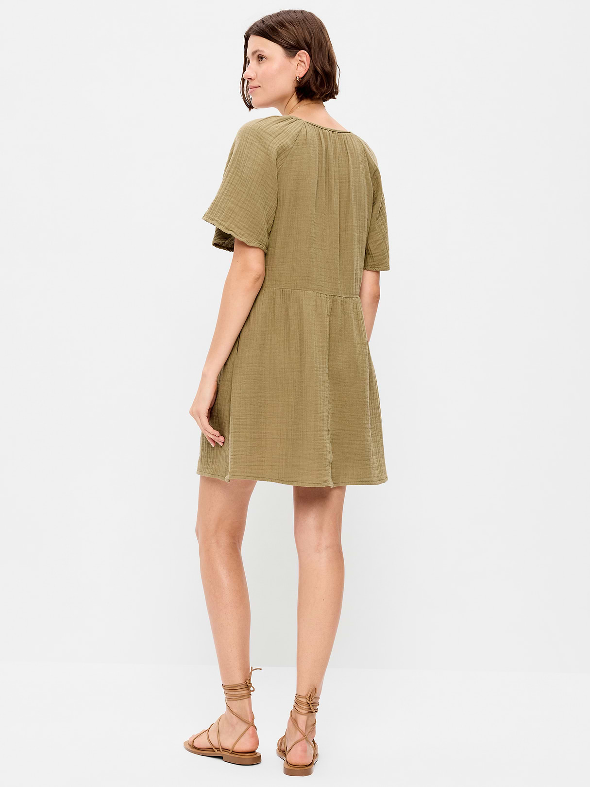 Crinkle Gauze Flutter-Sleeve Mini Swing Dress - Kombu