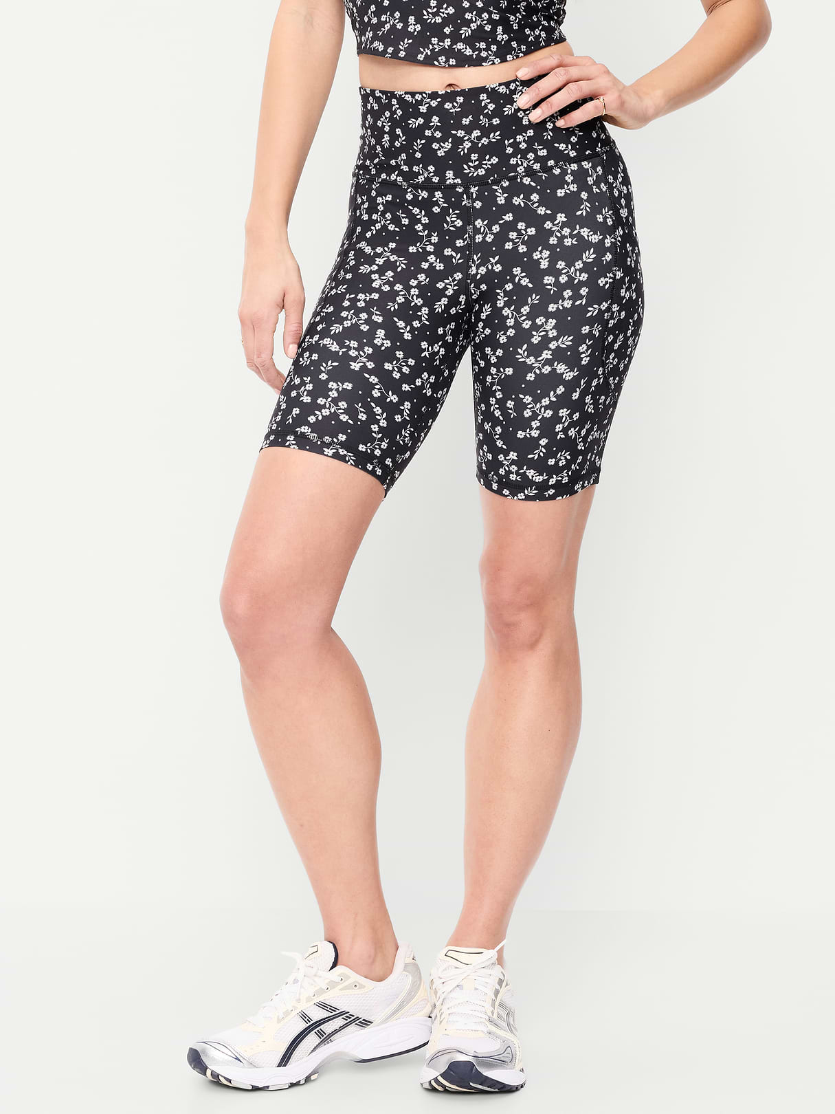 High-Waisted PowerSoft Biker Shorts -- 8-inch inseam - Black Floral