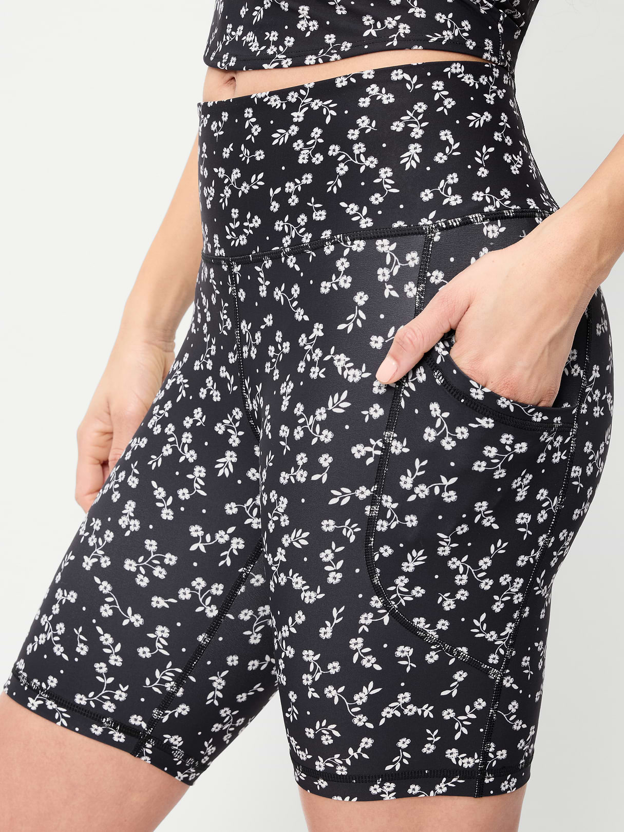 High-Waisted PowerSoft Biker Shorts -- 8-inch inseam - Black Floral
