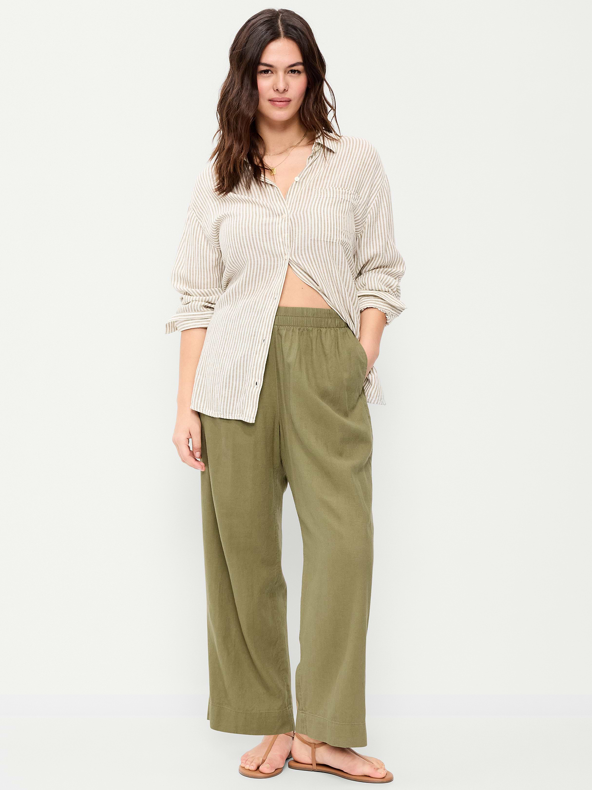 High-Waisted Linen-Blend Straight Ankle Pants - Kombu