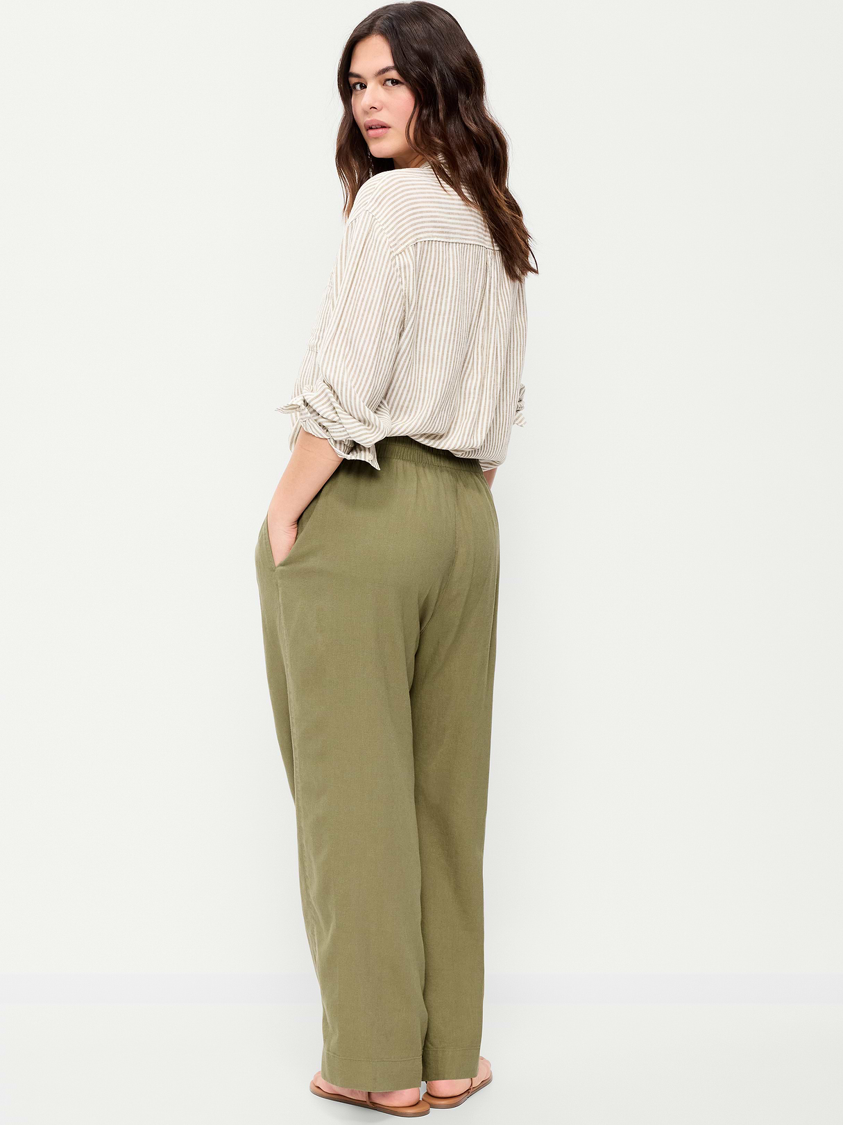 High-Waisted Linen-Blend Straight Ankle Pants - Kombu